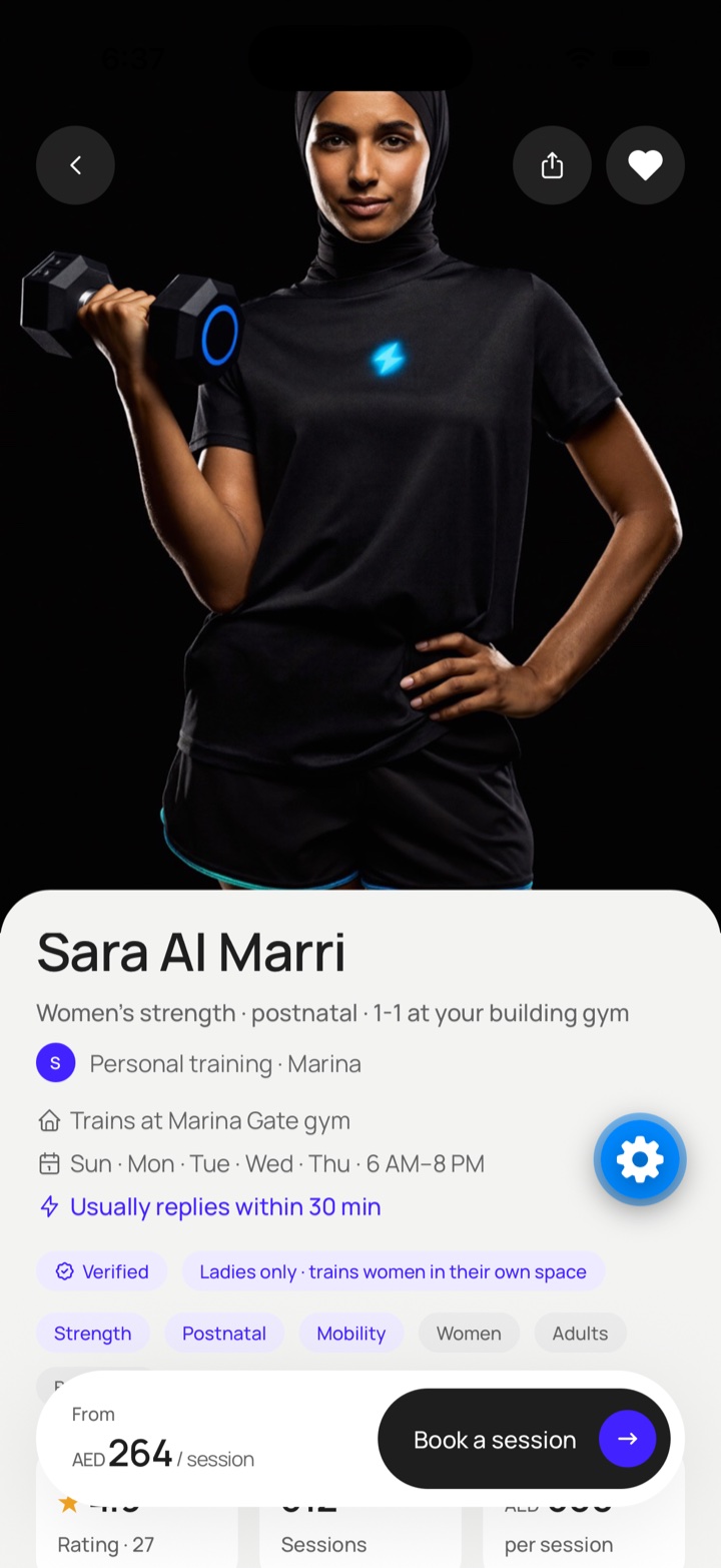 A coach profile: photo, Verified badge, where they train, days and hours, and a Book a session bar with the from price